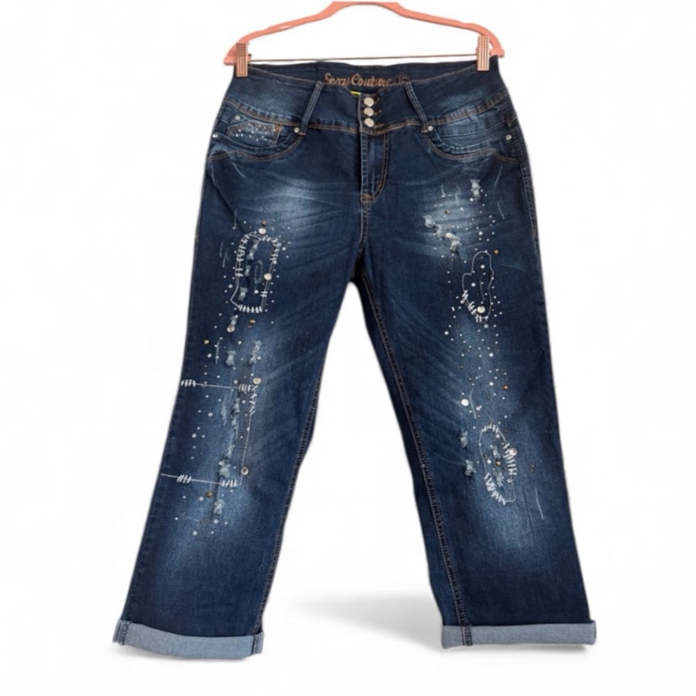 Sexy Couture Sz 15 Limited Edition Embellished 100% Columbian Denim Capri Jeans